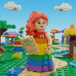 The image has a cartoonish and Lego aesthetic with a bright and colourful Lego female trans character wearing an LGBTQ+ badge and wearing glasses and wearing a dress who has vivid red neon hair smiling holding a map and looking thoughtfully up and to the right