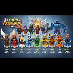 Lego superhero team call the attackers as a cmf and show all figures the team consists of angel their hawk girl, inferno their version of dcs fire, flying fox their female Batman, song bird their black canary, archer their female Green arrow who wears purple and black,shrink their female atom, techno their male blue beetle/iron man, WILL their green lantern,ultimate man the hero with every super power,gamma their hulk,thunder their Thor,badger their wolverine, the soldier their captain America. but make sure they have custom designs and gamna is blue and the soilder is orange and black and has a captain America shield  in those colors and ultimate has a red and purple suit with tech and a u fading in a m as the chest logo and Wills lantern suit is of a more fading green and badgers suit is more blue and green and thunders outfit is based on marvels thunder strike and  add their other members the wiz their Dr strange who's suit is gold and sliver the arachnid their spider manwhos suit is yellow and lavender and time speed their flash who has an bright orange suit and powerhouse their wonder woman who has a ruby red with pearl gold outfit and echo their vibe whose outfit is orange and blue and their creator is the rare minfig me AKA Cayden McDonald who is wearing a jacket with a Batman shirt underneath it blue jeans with printed shoes at the foot part and glasses with a reddish brown beard on the face and they can have any official superhero minifigures parts and the cmf checklist has to have their names under each figure and also it a traditional Lego cmf checklist but the figures are normal Lego figures not duplis and stuff also gibe them their own secret identities come up with their names but not the real names of the people they are based on