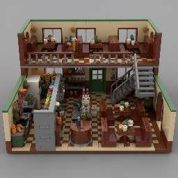 🧱 Concept général  Il s'agit d'un diorama LEGO représentant exclusivement l'intérieur d'un café, ouvert sur l'avant pour que l'on puisse voir l'ensemble de l'aménagement en regardant le modèle de face.  Le café possède :  un rez-de-chaussée ; un premier étage ; un seul escalier métallique ; une ambiance chaleureuse, de type café/restaurant.  Il ne doit y avoir :  aucun extérieur ; aucun personnage ; aucune référence ou easter egg de pop culture. 🏠 REZ-DE-CHAUSSÉE 🍳 La cuisine — partie gauche  La cuisine occupe toute la partie gauche du diorama.  ⚠️ Point important : elle s'étend depuis le mur du fond jusqu'au côté ouvert du diorama.  Elle n'est donc pas uniquement située au fond. 🚪 Le mur entre la cuisine et le bar  La cuisine et le bar sont séparés par un véritable mur.  Ce mur sépare clairement les deux espaces. Il part du fond et sépare la cuisine du bar. Une porte est intégrée dans ce mur, vers le fond du diorama. Cette porte permet au personnel de passer du bar à la cuisine.  Il ne doit donc pas y avoir de grande ouverture entre la cuisine et le bar.  🍹 Le bar  Le bar se situe à droite de la cuisine.  Il doit :  être large et imposant ; être clairement séparé de la cuisine par le mur ; être orienté de manière à s'étendre de l'avant vers le fond du diorama ; disposer de bouteilles et de verres sur des étagères situées derrière le comptoir.  ⚠️ Il ne doit y avoir aucune table devant le bar ni à sa gauche.  Toutes les tables du rez-de-chaussée sont situées à droite du bar.  🪑 Les tables du rez-de-chaussée  Il y a exactement deux rangées de tables avec banquettes.  Rangée 1 : au fond La première rangée est située dans la partie arrière de l'espace de restauration. Les banquettes de cette rangée doivent être directement contre le mur du fond du diorama.  Les tables ne doivent donc pas flotter au milieu de la pièce : les banquettes arrière touchent ou longent clairement le mur du fond.  Rangée 2 : plus vers l'avant Une deuxième rangée se trouve devant la première. Elle est également composée de tables avec banquettes.  Toutes ces tables se trouvent à droite du bar.  🚻 Toilettes  La porte des toilettes :  est verte ; se trouve au rez-de-chaussée ; est placée au fond du diorama.  Elle doit être distincte de la porte permettant d'accéder à la cuisine.  🚪 Entrée du café  La porte d'entrée est située :  dans le mur latéral droit ; au rez-de-chaussée.  Elle ne doit absolument pas être placée :  sur la façade ouverte ; dans un mur face à nous.  Elle doit être intégrée au mur droit, celui qui s'étend de l'avant vers le fond du diorama.  🪜 L'escalier  Il y a un seul escalier :  métallique ; de style industriel ; situé au fond à droite ; permettant d'accéder au premier étage. 🏢 PREMIER ÉTAGE  Le premier étage doit être suffisamment grand et clairement visible.  Il comprend exactement deux rangées de tables avec banquettes.  Rangée du fond  ⚠️ Même règle qu'au rez-de-chaussée : la rangée de tables située au fond doit avoir ses banquettes directement contre le mur du fond du diorama.  Deuxième rangée Elle se trouve devant la rangée du fond. Elle laisse un espace de circulation entre les différentes zones.  Le premier étage possède également :  un garde-corps métallique donnant sur le rez-de-chaussée ; l'arrivée de l'unique escalier.