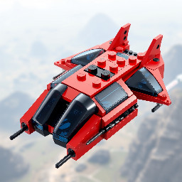 lego spyrius flying large spaceship red and black color with transparent dark-blue canopies