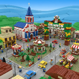 Crea la población de San Martín Cuautlalán en forma de LEGO, incluye la iglesia, la entrada, las calles, el centro y la feria del pueblo.
