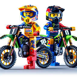 The two pilots Motocross: the red fox with the Monster Energy Kawasaki yellow and blue suit Motocross and the Monster Energy black and red helmet Motocross driving the team Monster Energy Kawasaki Motocross number 1 and the black fox with the Monster Energy Kawasaki yellow and blue suit Motocross and the Monster Energy black and blue helmet Motocross driving the team Monster Energy Kawasaki Motocross number 108.