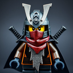 Medieval knight with samurai kabuto helmet, torn cape and two katanas, the lower part of the face is hidden by a ninja scarf