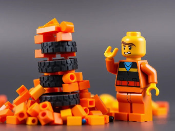 pile of orange pieces and 4 wheels stacked at the left, confused minifigure at the right