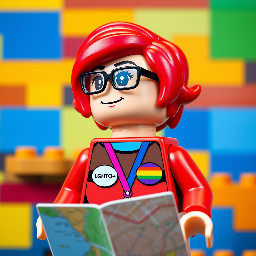 The image has a cartoonish and Lego aesthetic with a bright and colourful Lego female trans character wearing an LGBTQ+ badge and wearing glasses who had vivid red neon hair smiling holding a map and looking thoughtfully up and to the left