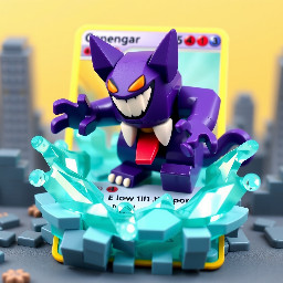 a full art Pokemon card of the Pokemon Gengar. he is warping the card while trying to escape