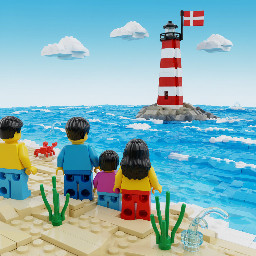 Meer , Strand,  leuchtturm,  Dänemarkflagge, Vater, Mutter, 2 Kinder (Junge & Mädchen,  alle dunkelhaarig und von hinten zu sehen