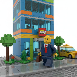 Lego guy in a suit walking out of an office building