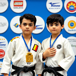 A medium-shot photograph displays two young judo competitors standing side by side against a blue background featuring various sponsor logos. Both wear traditional white judo uniforms, known as *judogis*, secured with black belts. They have sponsor patches on their shoulders, and each wears a large, rectangular gold medal with a blue ribbon around their neck. Both competitors have their right hand resting flat against their chest, over their heart, looking straight ahead with a serious and formal expression.  The competitor on the left has short, curly dark hair, thick eyebrows, and a fair complexion. His judogi has red and yellow stripes on the top of the shoulder and a small rectangular red and yellow patch on the upper right sleeve with the text "ESP". His right hand is placed flat on the left side of his chest. The gold medal hangs from a blue ribbon that has indecipherable white text printed on it.  The competitor on the right also has dark, curly, and slightly longer hair, with thick eyebrows and a fair complexion. His judogi similarly features red and yellow stripes on the shoulders, an "ESP" patch on the right sleeve, and a small circular red and yellow logo on the left side of his chest. His right hand is placed across his chest, in a similar gesture to the first competitor. He wears a gold medal identical to the other athlete's.  The background consists of rounded white panels set against a blue wall. The panels display various commercial and event logos, including "HOTEL HILLS SARAJEVO CONGRESS & TERMAL SPA RESORT" with five stars above, "GRAD SARAJEVO", "Mizuno", "DanRHO", and a logo that includes stars and a blue and yellow shield resembling national symbols of Bosnia and Herzegovina. The words "MINISTARSTVO KULTURE I SPORTA" are also partially visible on one of the panels. The background is slightly out of focus, keeping the two athletes in the foreground as the clear focal point of the image. The lighting is bright and even, typical of an indoor sporting event.