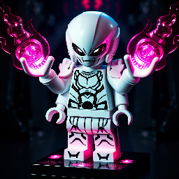 Crea una figura LEGO de Chronam-Yatt de Sendokai, estilo minifigura detallada y futurista. Personaje alienígena blanco con detalles negros en la cara, ojos brillantes morados, energía rosa translúcida alrededor de las manos y el cuerpo. Armadura elegante estilo ciencia ficción, aspecto poderoso y misterioso. Base oscura con efectos de portal temporal y energía Sen. Iluminación cinematográfica, fondo épico futurista, estilo render LEGO realista, alta calidad, ultra detallado, piezas LEGO visibles, pose dinámica de combate