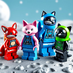 The four astronauts: the fox with the red spacesuit and the red space helmet where you can see his tail, the white fox with the pink spacesuit and the pink space helmet where you can see his tail, the wolf with the blue spacesuit and the blue space helmet where you can see his tail and the black wolf with the green spacesuit and the green space helmet where you can see his tail on the moon