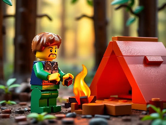 Figurine lego faisant un feu de camp à côté de sa tente dans une scène de forêt