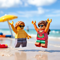 picture of summer hollidays with 2 beach minifigs jumping with joy. picture size 1028x514