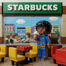 A brown coloured girl with black small  hair drinking latte at starbucks in jogging cloth