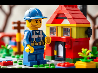 builder that event children to build with him a playground house, in realistic lego design, simpel with out many things