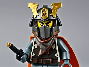 Medieval knight with samurai kabuto helmet, torn cape and two katanas, the lower part of the face is hidden by a ninja scarf