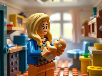 a blonde woman holding a baby that is spitting up on her in a disheveled house