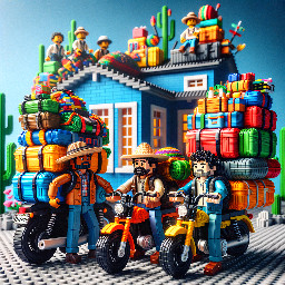 3 guys on motorbikes with backpacks and huge amount of luggage attached to the bikes. Meeting in front of a house