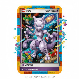 Cria a seguinte ilustração com base no que te vou indicar em baixo:  A LEGO Ideas e o Pokémon Trading Card Game acabam de anunciar um dos desafios mais incríveis: um desafio Pokémon TCG onde TU poderás criar um futuro conjunto LEGO Ideas Pokémon!     A LEGO Ideas está a trabalhar com o Pokémon TCG e a convidar os treinadores e construtores a submeterem projetos para uma carta Pokémon feita de peças LEGO, a partir de uma lista de Pokémon elegíveis.     Envia a tua criação para a página do desafio LEGO Ideas até 6 de maio de 2026, cuidado com as horas), para participar.     A equipa de revisão analisará e selecionará até 5 projetos para a Votação dos Fãs no dia 28 de maio de 2026. Os membros do LEGO Ideas poderão votar no seu projeto favorito entre 28 de maio de 2026 e 11 de junho de 2026.     Neste momento, não há informações sobre se uma carta Pokémon TCG será produzida e inserida neste futuro conjunto LEGO Ideas, mas considerando os requisitos do design, que inclui apenas um Pokémon e arte completa… acredito que poderemos estar prestes a ter a nossa primeira carta promocional Pokémon TCG em parceria com a LEGO, o que será incrível.     Eis a lista de Pokémon elegíveis: Alolan Exeggutor Arceus (Normal-type)   Ceruledge   Chandelure   Darkrai   Dragonite  Garchomp   Gardevoir   Gengar   Giratina (Origin Forme)   Greninja  Gyarados   Hawlucha   Jigglypuff   Joltik   Lucario   Luxray  Machamp   Meowth   Metagross   Mew   Mewtwo  Ninetales   Rowlet   Tinkaton   Torterra   Toxtricity   Tyranitar   Wailord   Zoroark     A tua carta deve ter uma moldura, exibindo os teus Pokémon de uma forma vibrante e criativa. Pode romper a moldura, usar a moldura como pano de fundo ou algo que nunca imaginámos. Tu és o Treinador aqui. Indicamos o tamanho da moldura, mas o resto fica por tua conta!     Dicas do Treinador     Lembra-te: a tua construção deve conter apenas um Pokémon e apenas da lista na página do desafio. Deve ser uma criação original de uma carta Pokémon Full Art (não uma réplica ou recriação de uma carta Pokémon TCG existente). O rosto do Pokémon deve estar claramente visível na metade superior da carta, com um mínimo de 400 e um máximo de 2500 peças. (Não são permitidos minifiguras)  Utiliza o Mewtwo