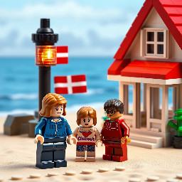 Urlaubsszene, Meer , Strand, Haus, Leuchtturm,  Dänemarkflagge, familie mit mutter, vater, sohn und tochter, alle sind dunkelhaarig