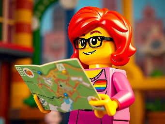 The image has a cartoonish and Lego aesthetic with a bright and colourful Lego female trans character wearing an LGBTQ+ badge and wearing glasses and wearing a dress who has vivid red neon hair smiling holding a map and looking thoughtfully up and to the right