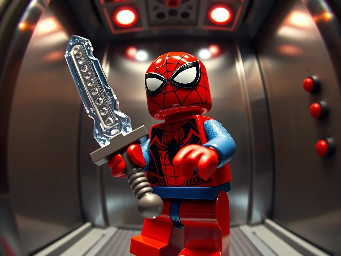 A LEGO Spider-Man minifigure holding an enchanted minecraft sword in a realistic elevator, Fisheye lens perspective, extreme close-up, 3D render, realistic glossy plastic texture