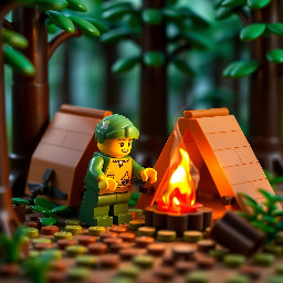 Figurine lego faisant un feu de camp à côté de sa tente dans une scène de forêt