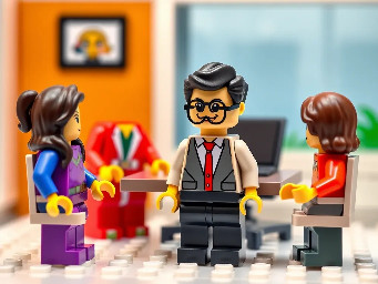 Simple Lego build depicting a bespectacled Asian boy facing two Asian ladies in an office meeting room.