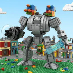 Genera un mecha básico gris con lanzadores en los hombros y en las manos un gatling y en la otra una espada de fuerza transparente mecha tipo Warhammer