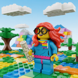 The image has a cartoonish and Lego aesthetic with a bright and colourful Lego female trans character wearing an LGBTQ+ badge and wearing glasses who had vivid red neon hair smiling holding a map and looking thoughtfully up and to the left