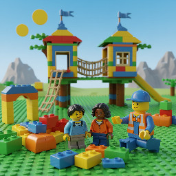 builder that invite children to build with him a playground house, in realistic lego design with out text bubbles, simpel with out many things