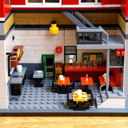 🧱 Concept général  Il s'agit d'un diorama LEGO représentant exclusivement l'intérieur d'un café, ouvert sur l'avant pour que l'on puisse voir l'ensemble de l'aménagement en regardant le modèle de face.  Le café possède :  un rez-de-chaussée ; un premier étage ; un seul escalier métallique ; une ambiance chaleureuse, de type café/restaurant.  Il ne doit y avoir :  aucun extérieur ; aucun personnage ; aucune référence ou easter egg de pop culture. 🏠 REZ-DE-CHAUSSÉE 🍳 La cuisine — partie gauche  La cuisine occupe toute la partie gauche du diorama.  ⚠️ Point important : elle s'étend depuis le mur du fond jusqu'au côté ouvert du diorama.  Elle n'est donc pas uniquement située au fond. 🚪 Le mur entre la cuisine et le bar  La cuisine et le bar sont séparés par un véritable mur.  Ce mur sépare clairement les deux espaces. Il part du fond et sépare la cuisine du bar. Une porte est intégrée dans ce mur, vers le fond du diorama. Cette porte permet au personnel de passer du bar à la cuisine.  Il ne doit donc pas y avoir de grande ouverture entre la cuisine et le bar.  🍹 Le bar  Le bar se situe à droite de la cuisine.  Il doit :  être large et imposant ; être clairement séparé de la cuisine par le mur ; être orienté de manière à s'étendre de l'avant vers le fond du diorama ; disposer de bouteilles et de verres sur des étagères situées derrière le comptoir.  ⚠️ Il ne doit y avoir aucune table devant le bar ni à sa gauche.  Toutes les tables du rez-de-chaussée sont situées à droite du bar.  🪑 Les tables du rez-de-chaussée  Il y a exactement deux rangées de tables avec banquettes.  Rangée 1 : au fond La première rangée est située dans la partie arrière de l'espace de restauration. Les banquettes de cette rangée doivent être directement contre le mur du fond du diorama.  Les tables ne doivent donc pas flotter au milieu de la pièce : les banquettes arrière touchent ou longent clairement le mur du fond.  Rangée 2 : plus vers l'avant Une deuxième rangée se trouve devant la première. Elle est également composée de tables avec banquettes.  Toutes ces tables se trouvent à droite du bar.  🚻 Toilettes  La porte des toilettes :  est verte ; se trouve au rez-de-chaussée ; est placée au fond du diorama.  Elle doit être distincte de la porte permettant d'accéder à la cuisine.  🚪 Entrée du café  La porte d'entrée est située :  dans le mur latéral droit ; au rez-de-chaussée.  Elle ne doit absolument pas être placée :  sur la façade ouverte ; dans un mur face à nous.  Elle doit être intégrée au mur droit, celui qui s'étend de l'avant vers le fond du diorama.  🪜 L'escalier  Il y a un seul escalier :  métallique ; de style industriel ; situé au fond à droite ; permettant d'accéder au premier étage. 🏢 PREMIER ÉTAGE  Le premier étage doit être suffisamment grand et clairement visible.  Il comprend exactement deux rangées de tables avec banquettes.  Rangée du fond  ⚠️ Même règle qu'au rez-de-chaussée : la rangée de tables située au fond doit avoir ses banquettes directement contre le mur du fond du diorama.  Deuxième rangée Elle se trouve devant la rangée du fond. Elle laisse un espace de circulation entre les différentes zones.  Le premier étage possède également :  un garde-corps métallique donnant sur le rez-de-chaussée ; l'arrivée de l'unique escalier.