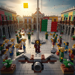 Documentary-style video sequence. Aerial drone shot descending slowly over the Zócalo of Tlaxcala, Mexico. At the center, a LEGO-style character (yellow skin, long dark hair, maroon suit with white shirt) carries the Mexican flag with dignity. The drone lowers until it meets the character walking calmly toward the flagpole. On both sides, local citizens respectfully salute the Mexican flag, while a military band plays drums and bugles in steady rhythm. The main character completes the walk and positions himself at the flagpole to raise the flag. Camera transitions include subtle speed ramps for natural pacing. Lighting remains warm and natural, highlighting the authentic atmosphere of civic pride and community participation.