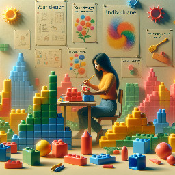 Create a lego image with the concept “Your imagination. your design. Your role” basically focusing on individualism (i.e. an individual standing and building with Lego block alone) with motivation “Your Lego”
