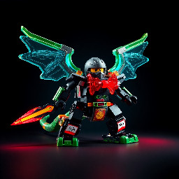 a lego ninjago dragons rising set thats a mech called trays reality titan mech with a dragon drone belt back blasters and wings and a sword and the glow is red and make 6 pictures of it