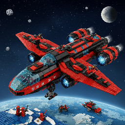 lego spyrius flying very large mothership red and black color with transparent dark-blue canopies 64 stud length, look like deep freeze defender