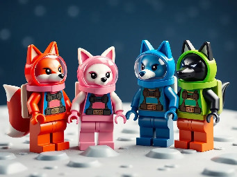 The four astronauts: the fox with the red spacesuit and the red space helmet where you can see his tail, the white fox with the pink spacesuit and the pink space helmet where you can see his tail, the wolf with the blue spacesuit and the blue space helmet where you can see his tail and the black wolf with the green spacesuit and the green space helmet where you can see his tail on the moon