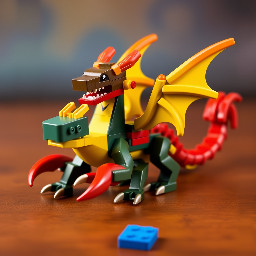 A Lego dragon with 8 legs 2 wing sets and and a scorpion tail