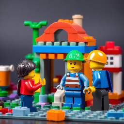 builder that event children to build with him a playground house, in realistic lego design, simpel with out many things