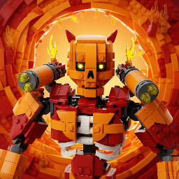 make an image of a lego version of the revenant demon from DOOM 2016, orange demonic background, image profile from the front, chest upwards only