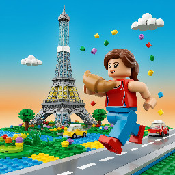A brunette woman running a marathon while eating a croissant with the eiffel tower behind her