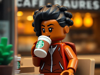 A brown coloured girl with black small afro hair drinking latte at starbucks in jogging cloth