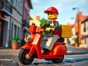 A lego pizza delivery man riding a scooter in a quiet town
