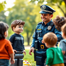 Professional police officer giving an educational talk to children outdoors, friendly and approachable expression, kneeling slightly to speak at the children’s eye level. He is wearing a modern police uniform in hexadecimal color #232439 (very dark blue with a subtle gray tone), with a visible badge and realistic accessories such as a shoulder radio and duty belt. The children are listening attentively, casual clothing, positive and respectful interaction. Park or schoolyard setting with trees in the background, soft natural daylight, photorealistic style, high resolution, sharp focus, detailed fabric texture on the uniform, warm and community-oriented atmosphere, cinematic depth of field, sense of trust and mentorship.