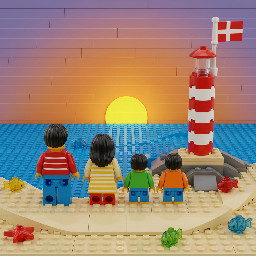 Meer , Strand,  leuchtturm,  Dänemarkflagge, Vater, Mutter, 2 Kinder,  alle dunkelhaarig und von hinten zu sehen