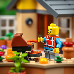 Figurine lego faisant un barbecue  avec viande et saucisses sur la terrasse d'une maison