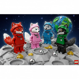 The four astronauts: the fox with the red spacesuit and the red space helmet where you can see his tail, the white fox with the pink spacesuit and the pink space helmet where you can see his tail, the wolf with the blue spacesuit and the blue space helmet where you can see his tail and the black wolf with the green spacesuit and the green space helmet where you can see his tail on the moon