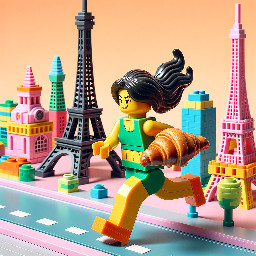 A brunette woman running a marathon while eating a croissant with the eiffel tower behind her