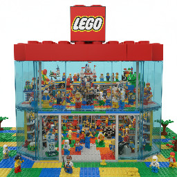 vibrant, colorful LEGO dream store shaped like a giant red brick, transparent glass windows, a big LEGO logo on top, and mini-figures walking inside, 3D render style".