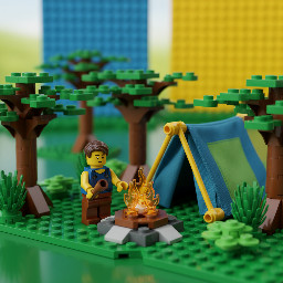 Figurine lego faisant un feu de camp à côté de sa tente dans une scène de forêt